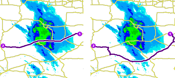 Two maps demonstrate how a scaled cost polygon barrier affects finding a route between two stops.