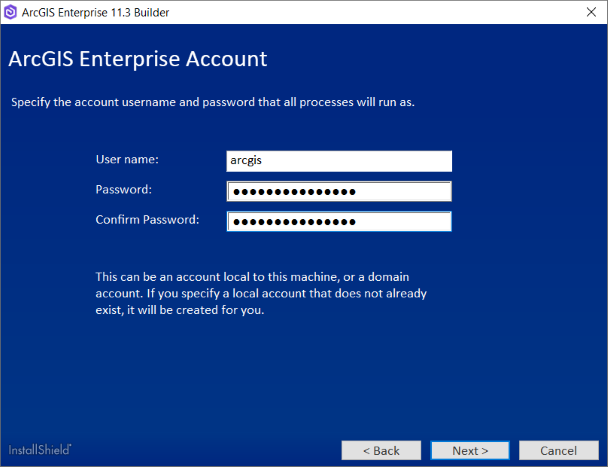 Specify the account user name and password that all processes will run as.