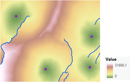 Map of accumulative cost distance with a vertical factor added