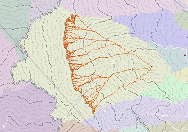 Map of paths originating from within the polygon destination that have the same cost to return to the source