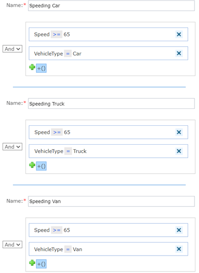Example choice element configuration to filter speeding vehicles based on type Example choice element configuration to filter speeding vehicles based on type