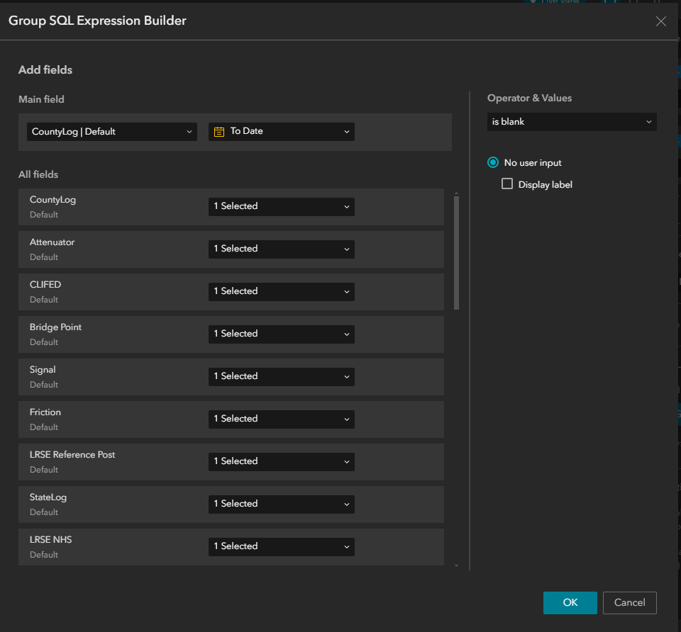 Use the Group SQL Expression Builder to build an expression that includes the is blank operator